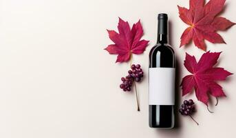 ai généré une bouteille de rouge du vin et l'automne feuilles photo