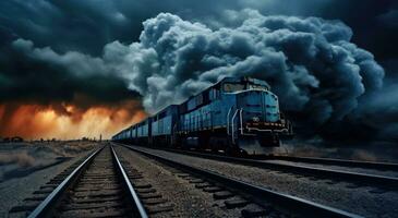 ai généré une bleu et noir train est sur le des pistes avec une orageux ciel photo