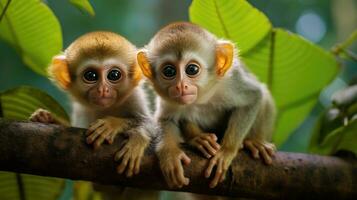 ai généré une paire de adorable bébé singes se cramponner à leur de la mère retour comme elles ou ils balançoire par le des arbres photo
