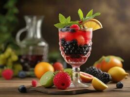 ai généré verre de de l'alcool du froid coctail décoré avec glace, fruit et menthe rester sur bois tableau. Frais jus sur Contexte avec citron, fraise, chaux. photo