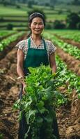 ai généré harmonie dans le des champs portraits de asiatique femelle Les agriculteurs photo