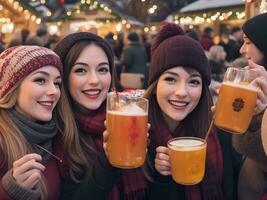 ai généré copains en buvant délicieux Réchauffé du vin et profiter chaud les boissons à un soir fête ai produire photo