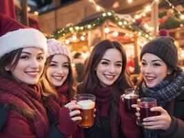 ai généré copains en buvant délicieux Réchauffé du vin et profiter chaud les boissons à un soir fête ai produire photo