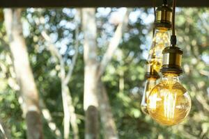 Lampe électrique à incandescence rétro classique blanc chaud sur fond flou, ampoule vintage photo