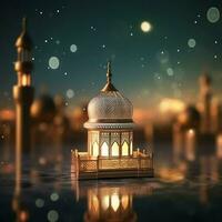 eid mubarak et Ramadan kareem salutations avec islamique lanterne et mosquée. eid Al fitr Contexte. eid Al fitr Contexte de fenêtre concept par ai généré photo