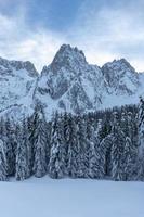 après la chute de neige. dernières lumières du crépuscule à sappada. magie des dolomites photo