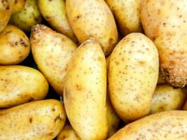 fermer et Haut vue tas de Frais patates pour vente dans le marché en forme à écran Contexte et fond d'écran. photo