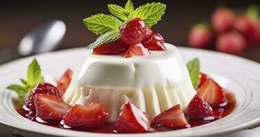 ai généré savourer le parfait mélange de Frais des fraises et soyeux crème dans une somptueux dessert photo