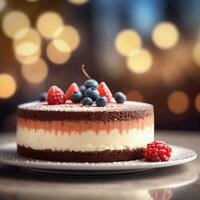 ai généré proche en haut de une mousse gâteau, premier plan tranchant avec bokeh Contexte. ai génératif photo