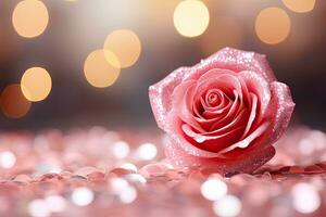 ai généré rose Rose décoré avec briller sur bokeh Contexte pour la Saint-Valentin journée photo