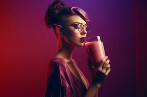 ai généré femme boisson violet smoothie verre. produire ai photo