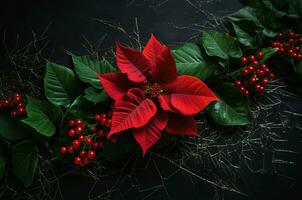 ai généré rouge poinsettia fleur décoration. produire ai photo