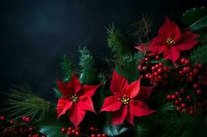 ai généré rouge poinsettia fleur avec hiver saint baies. produire ai photo