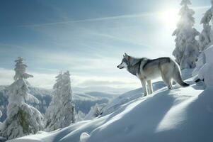 ai généré Loup sur neigeux Montagne paysage voir. produire ai photo