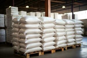 ai généré Lignes de gros blanc sacs à grand entrepôt dans moderne usine. photo