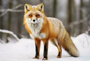 ai généré rouge Renard permanent sur neige. ai généré. photo