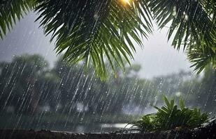 ai généré pluie dans le tropiques pendant le faible saison ou mousson saison. gouttes de pluie dans une jardin. génératif ai photo