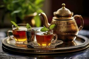 ai généré traditionnel marocain thé ensemble avec décoratif théières, lunettes, et menthe feuilles. génératif ai photo