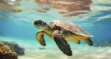 ai généré photo de mer tortue dans le galapagos île. génératif ai