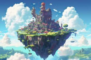 ai généré ancien céleste flottant île dans le ciel avec une château, vibrant, fantastiquepunk, ai génératif photo