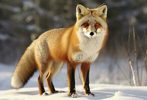 ai généré rouge Renard permanent sur neige. ai généré. photo