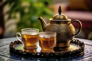 ai généré traditionnel marocain thé ensemble avec décoratif théières, lunettes, et menthe feuilles. génératif ai photo