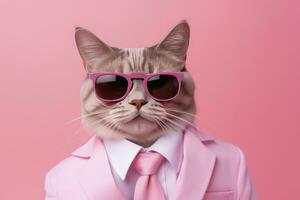 ai généré une chat est portant des lunettes de soleil et costume sur rose Contexte. ai généré photo