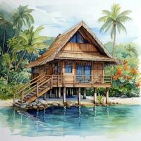 ai généré une aquarellé brillant serein image de une traditionnel Bahay Kubo. ai généré photo