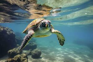 ai généré vert tortue à le eau de mer. ai généré photo