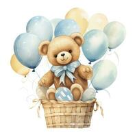 ai généré une aquarelle bébé nounours ours est séance dans le panier avec bleu et or des ballons. ai généré photo