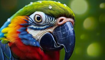 ai généré tropical ara perché, vibrant plumes dans se concentrer. génératif ai photo