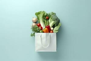 ai généré épicerie plein sac. blanc achats sac avec des légumes dans lumière bleu Contexte. génératif ai photo