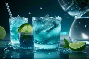 ai généré bleu lagune Mojito avec la glace cubes. pro photo