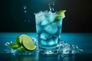 ai généré bleu lagune Mojito avec la glace cubes. pro photo