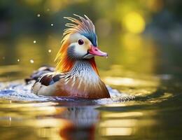 ai généré fermer de mandarin canard nager dans lac. génératif ai. photo