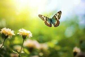 ai généré papillon en volant plus de le prairie. ai généré photo