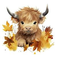 ai généré content mignonne bébé montagnes vache dans l'automne feuilles dans le aquarelle style. ai généré photo