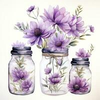 ai généré collection de aquarelle le maçon pots avec violet fleurs clipart. ai généré photo