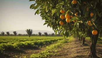 ai généré un Orange arbre est dans le premier plan avec une ferme champ Contexte. génératif ai photo