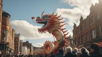 ai généré chinois dragon en dessous de une brillant ciel. ai généré photo