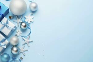 ai généré Noël veille concept. Haut vue photo de bleu et argent babioles flocon de neige ornements élégant présent des boites et confettis. ai généré