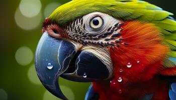 ai généré tropical ara perché, vibrant plumes dans se concentrer. génératif ai photo