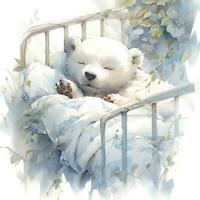 ai généré une somnolent bébé blanc ours dans literie. aquarelle illustrations. ai généré photo