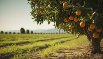 ai généré un Orange arbre est dans le premier plan avec une ferme champ Contexte. génératif ai photo