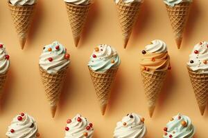 ai généré intégrer une variété de gaufre cônes avec différent la glace crème les saveurs. ai généré photo