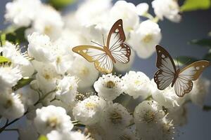 ai généré goden papillons avec blanc fleurs. ai généré photo