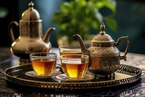 ai généré traditionnel marocain thé ensemble avec décoratif théières, lunettes, et menthe feuilles. génératif ai photo