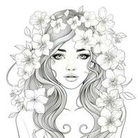 ai généré une fille sur une coloration livre page avec jasmin fleurs. ai généré photo