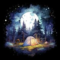 ai généré une camping tente dans le forêt avec nuit ciel, aquarelle pour T-shirt conception. ai généré photo