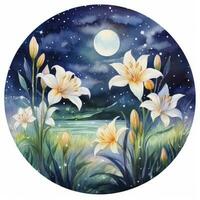 ai généré aquarelle Fée fleurs de lys épanouissement en dessous de une étoilé nuit ciel sur une blanc Contexte. ai généré photo